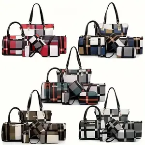 6-piece set of large-capacity checkered style bag combination, including handbag, crossbody bag, clutch, long wallet and short wallet, covering all types. It is simple, versatile and extremely.(Raincoats)(Sheets)