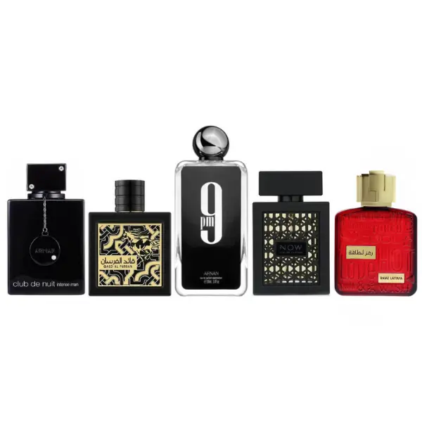 Armaf Men's Fragrance Gift Bundle - Long Lasting Perfume Cologne, Glamorous & Fruit-Flavored Scents, RAMZ LATTAFA GOLD, Afnan 9PM, RAVE NOW BLACK, CLUB DE NUIT INTENSE, QAED AL FURSAN - Father's Day Gift (Fragrance That Starts With A Incl.)