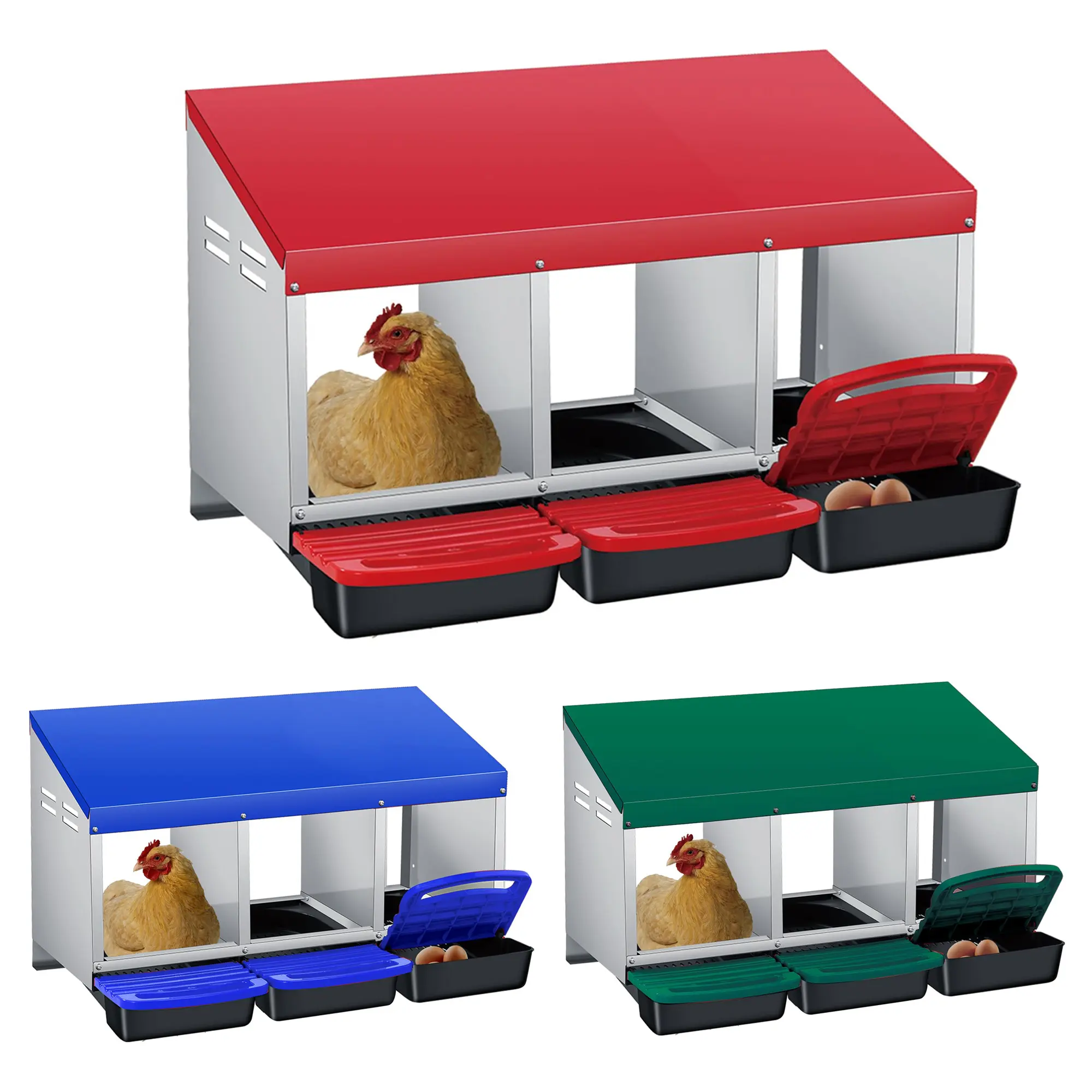 Chicken Nesting Box,Chicken Laying Boxes with 3 Compartment Metal Stainless Steel,Chickens Egg Laying Nest Boxes with Rollout Egg Collection,Chicken Brooder Box with Perch