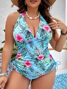 Plus Size Tropical Print Halter Tankini Set, Tankini Bathing Suits, Boho Swimsuits, Drawstring Sleeveless Swim Top & Swim Panty for Beach Holiday Vacation, Curve Tummy Control Swimwear 2024, Summer Beach Outfit
