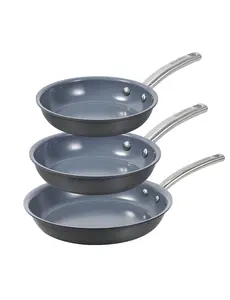 BLACK+DECKER 3-Piece Ceramic Hard Anodized Aluminum Skillet Set, Frying Pan Set with Ceramic Non-Stick Coating, Non-Toxic Cookware Set with Stainless Steel Handles, Oven Safe, BDK120B, Gray