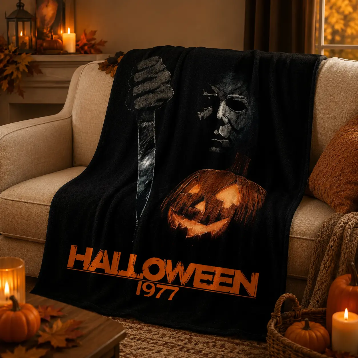 Halloween Michael Myers Horror Pumpkin Flannel Throw Blanket, Lightweight Soft Fuzzy Plush Blanket for Couch Bed, All Season Cozy, Spooky Holiday Gift for Classic Horror Fans, Gothic Scary Movie Bedroom Man Cave Home Decor