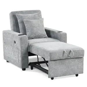 Convertible Sleeper Chair Bed, 3-in-1 Folding Sofa Chair with Adjustable Backrest, Pull-Out Bed with USB Port, Cup Holders, Linen Fabric, for Small Spaces Living Room Guest Room Office VN6001