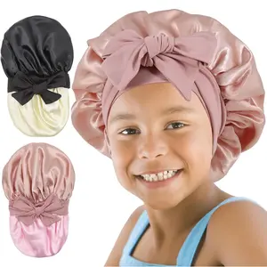 2 count  Bonnet for Girls Double Layer Silk Satin Bonnet Sleep Cap for  Curly  Hair 3-12Y (&black)