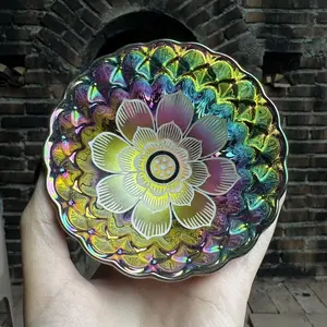 Artisan Handmade Iridiscent Porcelain Bowl - Rainbow Glaze with Lotus Flower Design