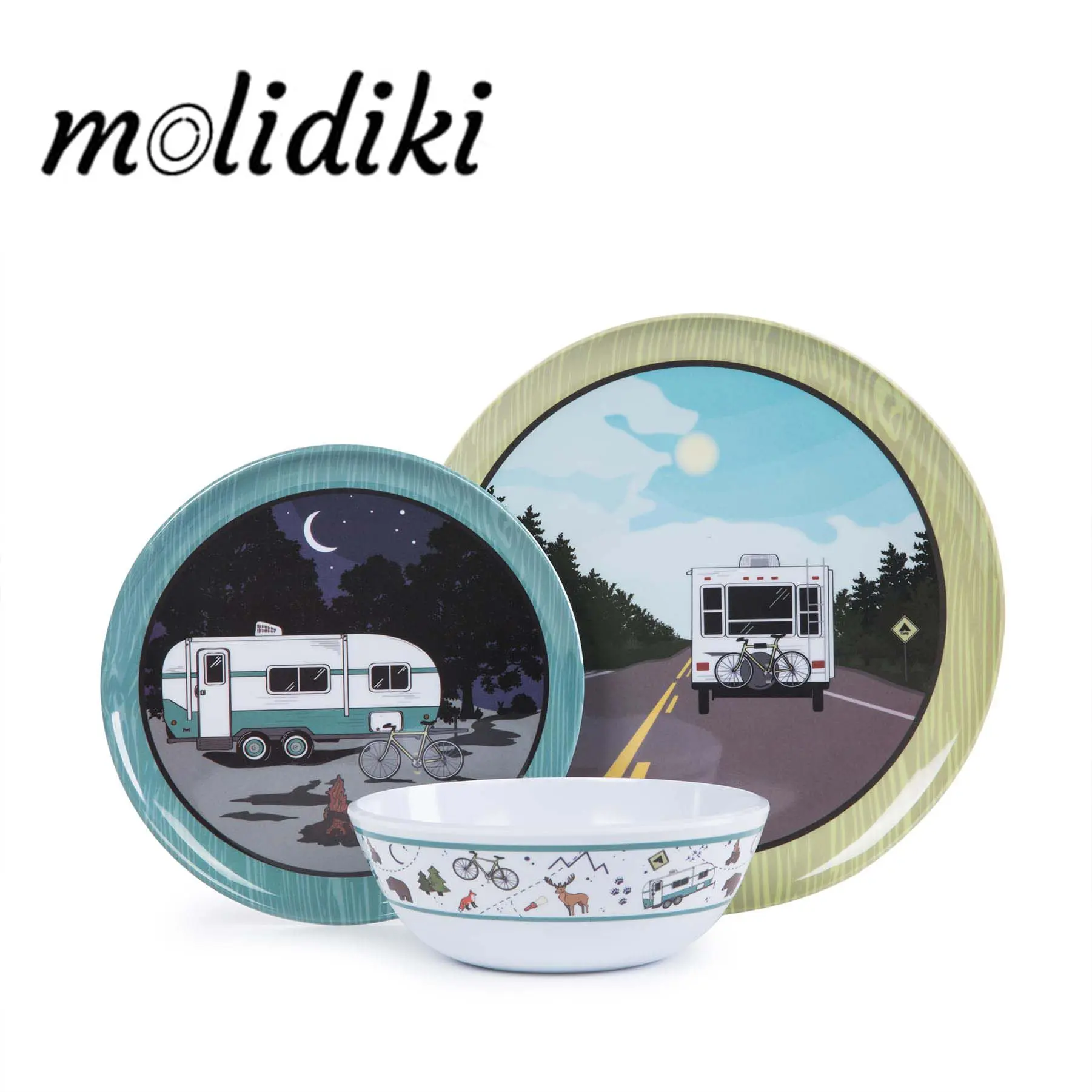 Molidiki Melamine Plates and Bowls Sets,12pcs Melamine Dinnerware Sets, Unbreakable Dinnerware Set,RV Camping Dishes Set,Lightweight, Dishwasher Safe（White car）