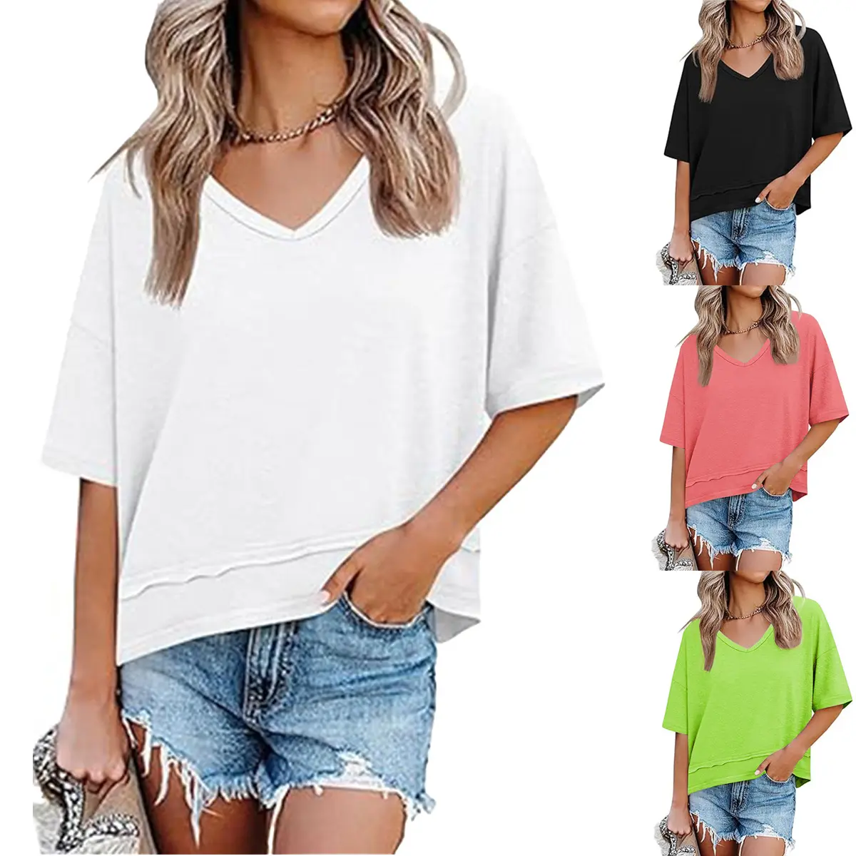 Everyday Style Minimalist Womens Summer V Neck T Shirts Tees  Casual Short Sleeve Flowy Tops Cute Loose Fit Basic