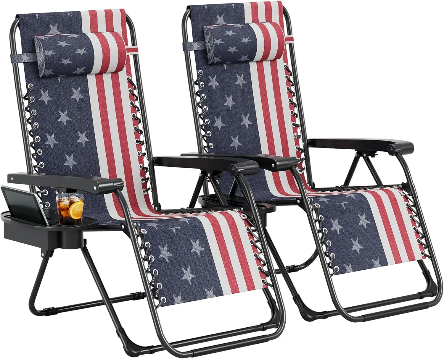 Weightless Comfort-Free Patio Chairs Set of 2, Adjustable Folding Outdoor Recliners with Pillow and Cup Holder, Mesh Fabric for Garden Deck Beach Yard