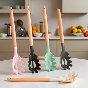 1PCHeat Proof Noodle Strainer Spoon, Wooden Handle - Food Safe, Non-Slip Grip & Non Scratch - Ramen, Pho, Pasta Draining (Easy Clean)