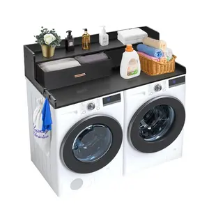 fathersdaygift VEVOR 2 Drawers Washer Dryer Countertop with 2-Tier Shelf, 54x 27 Wooden Washer and Dryer Countertop with Non-Slip Pads, Water-Resistant Laundry Topper for Laundry Room Organization, Black