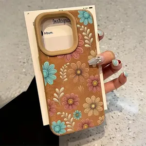 Line Flower Sunflower Bonded Leather Phone Case For iPhone 17 16 15 14 13 12 11 Pro Max XS XR X 16 Plus 17 Air Matte Back Cover