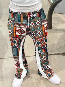 Men's Streetwear Flared Trousers, Aztec Geometric Print, Casual Loose Fit, Drawstring Waist, Perfect for Dance, Skateboarding, Music Festivals