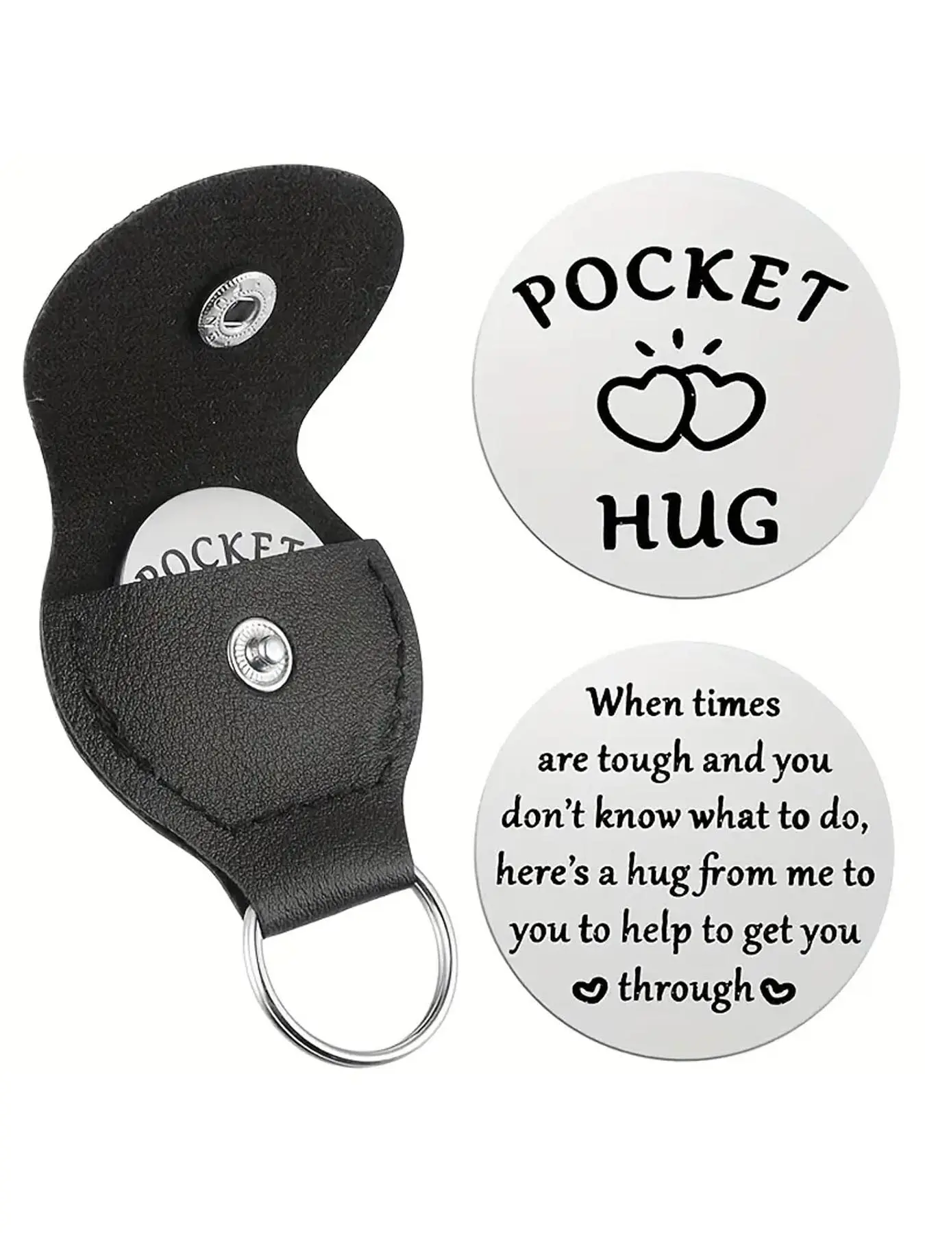 1pc Little Pocket Hug Keyring with Leather Case, Pocket Hug Token, Stainless Steel Double Sided Coin, Authentic Keychain, Keyrings for Keys, for Friends Family Long Distance Relationship Love Gifts, Minimalist Design Keychain