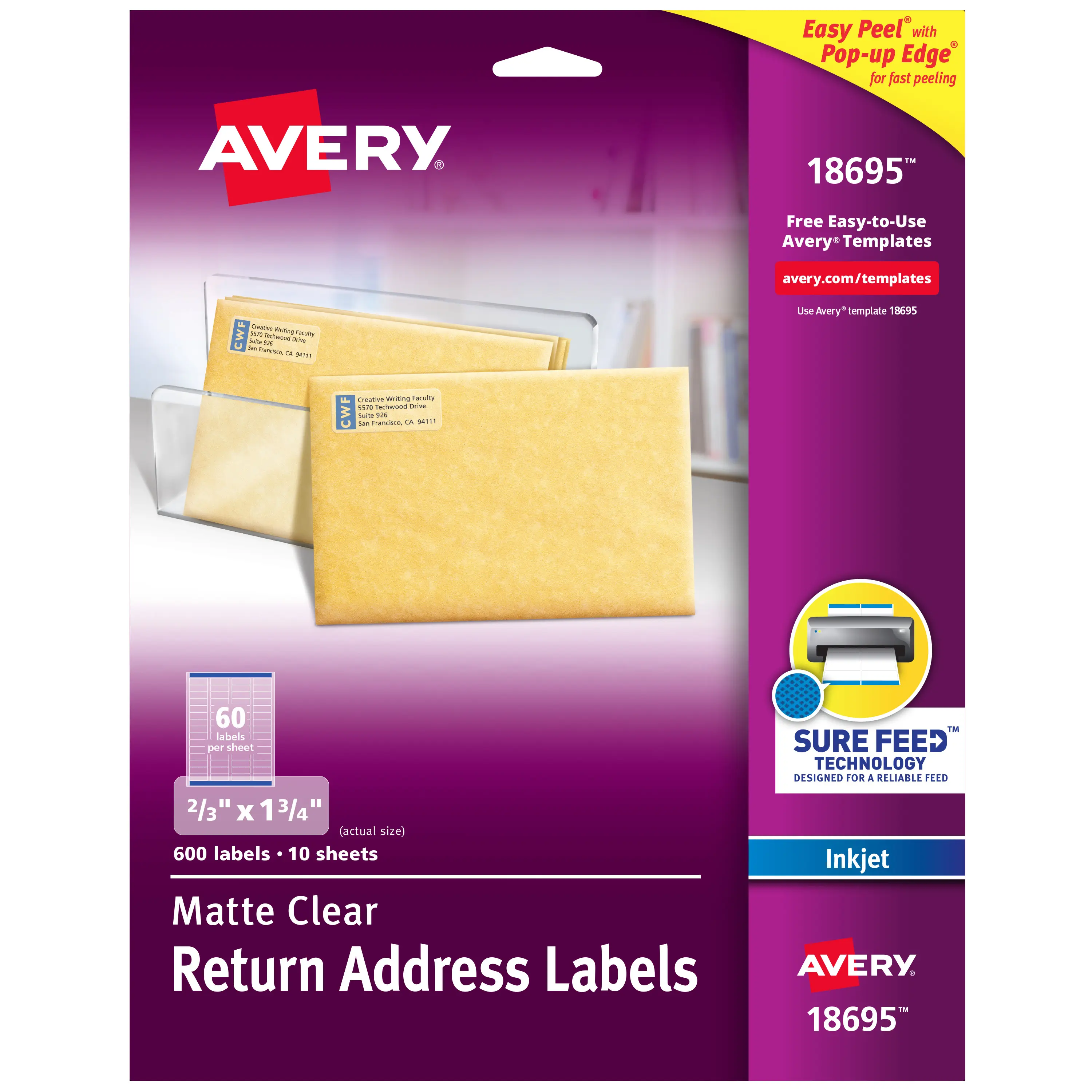 Avery Matte Paper Return Address Labels, Sure Feed & Easy Peel Technology, Inkjet-Compatible, 2/3" x 1-3/4", No Peeling or Curling, 600 Labels, Ordinary Packaging (18695)