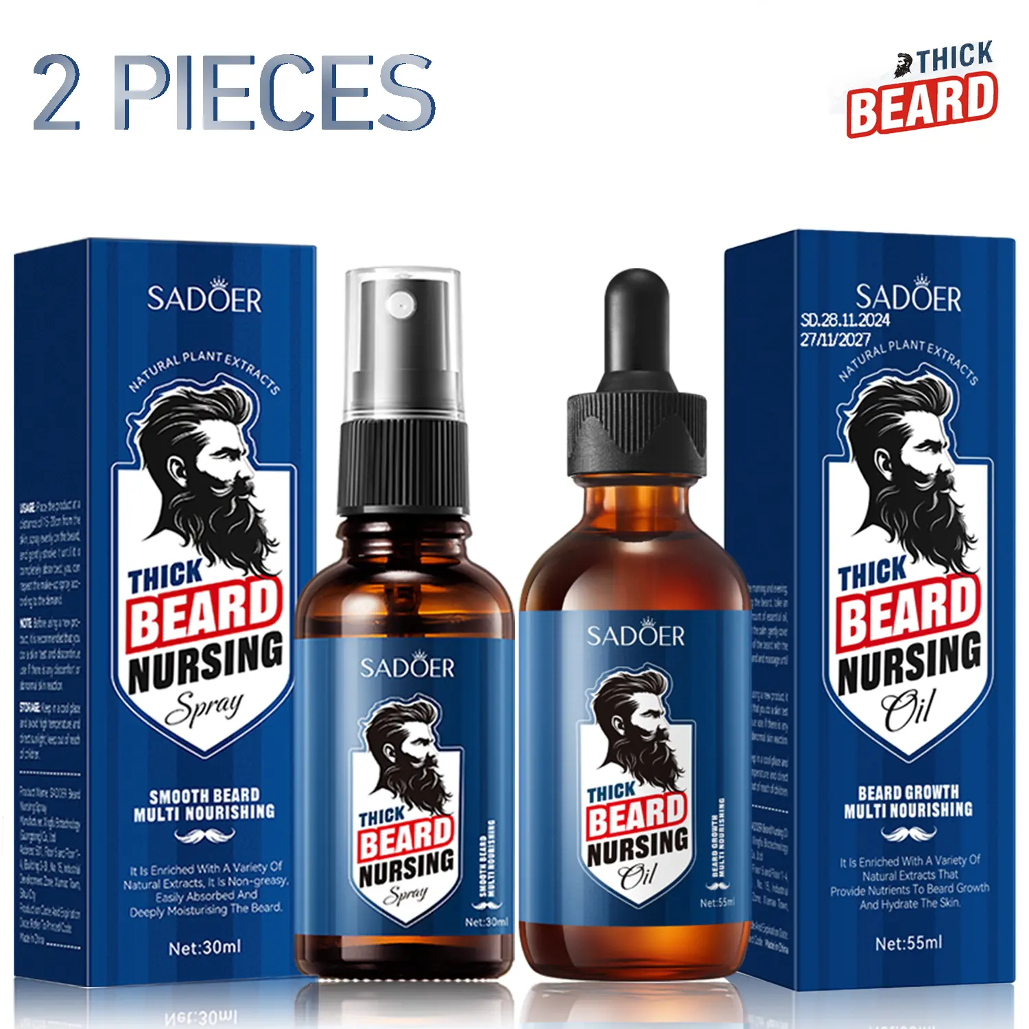 2-Piece Beard Nourishing Spray & Growth Oil - Men's Beard Care Kit With Natural Plant Extracts Like Fo-Ti And Ginger, For Thickening And Nourishing Beard, Daily Gentle Use, Enhances Shine, Strengthens Roots, Ideal Gift For Men, Father, Boyfriend, Husband