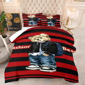Fashionable bear print pattern bedding set, including 1 quilt and 1 or 2 pillowcases without pillow fillers, soft children's and adult bedroom decorations and gifts