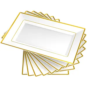 8 PCS Disposable White Plastic Serving Trays with Gold Rims, Sturdy Food Platters for Weddings, Parties, Business Events