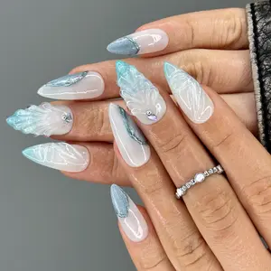 Pastel Blue Stiletto Butterfly 3D Pale Bluish White Press on Nails Coquette style Reusable Gel Tips Fake Nails Inspo