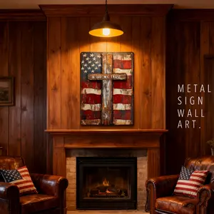 Aluminium Wall Sign - 8x12in Vintage Patriotic American Flag & Cross Signboard with "In God We Trust" Message, Christian Faith Home Decor, Inspirational Gift for Homeowners