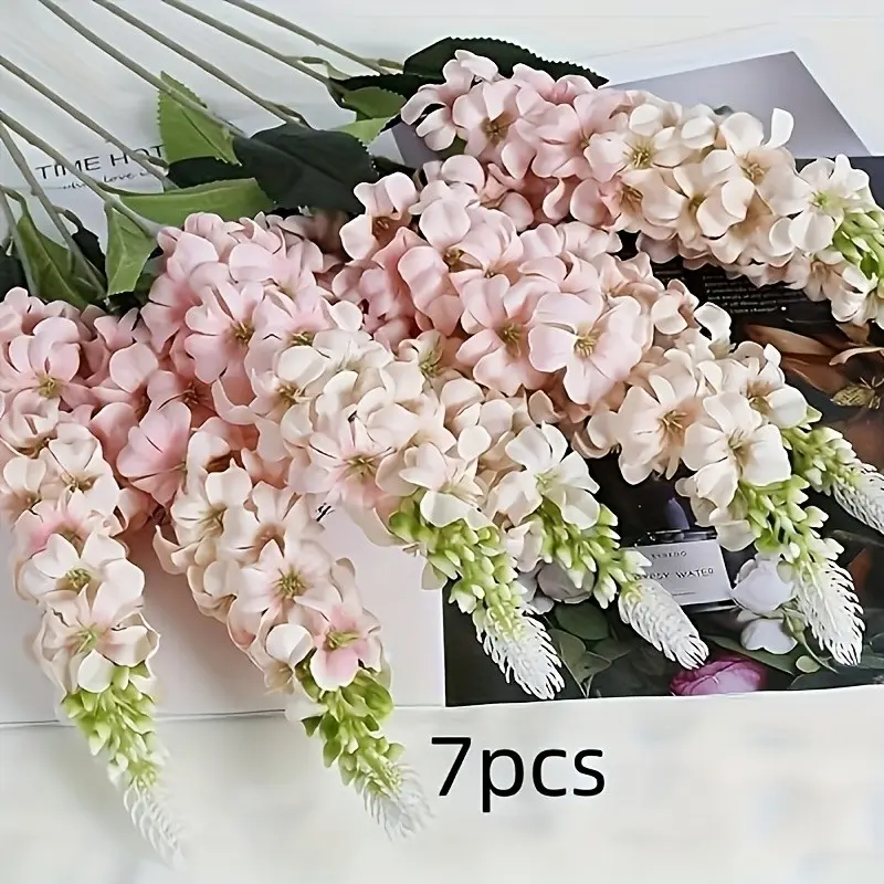 7pcs Long Stem Artificial Hydrangea & Lily, Decorative Bouquet, Faux Floral Decor, Artificial Flower Decoration, Red Pink Faux Flowers with Dried Flower Texture, Wedding Party Table Centerpiece, Desktop Decor Gift for Women, Mother's Day Valentine's Day