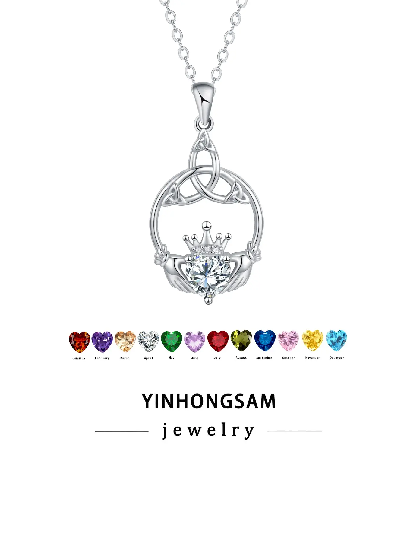 Women's Birthstone Necklace, Irish Claddagh Heart Pendant, Exquisite Trendy Pendant, Anniversary Birthday Gift, Metal Plated Gold, Synthetic Gemstone, Includes Box, Heart Shaped Necklace
