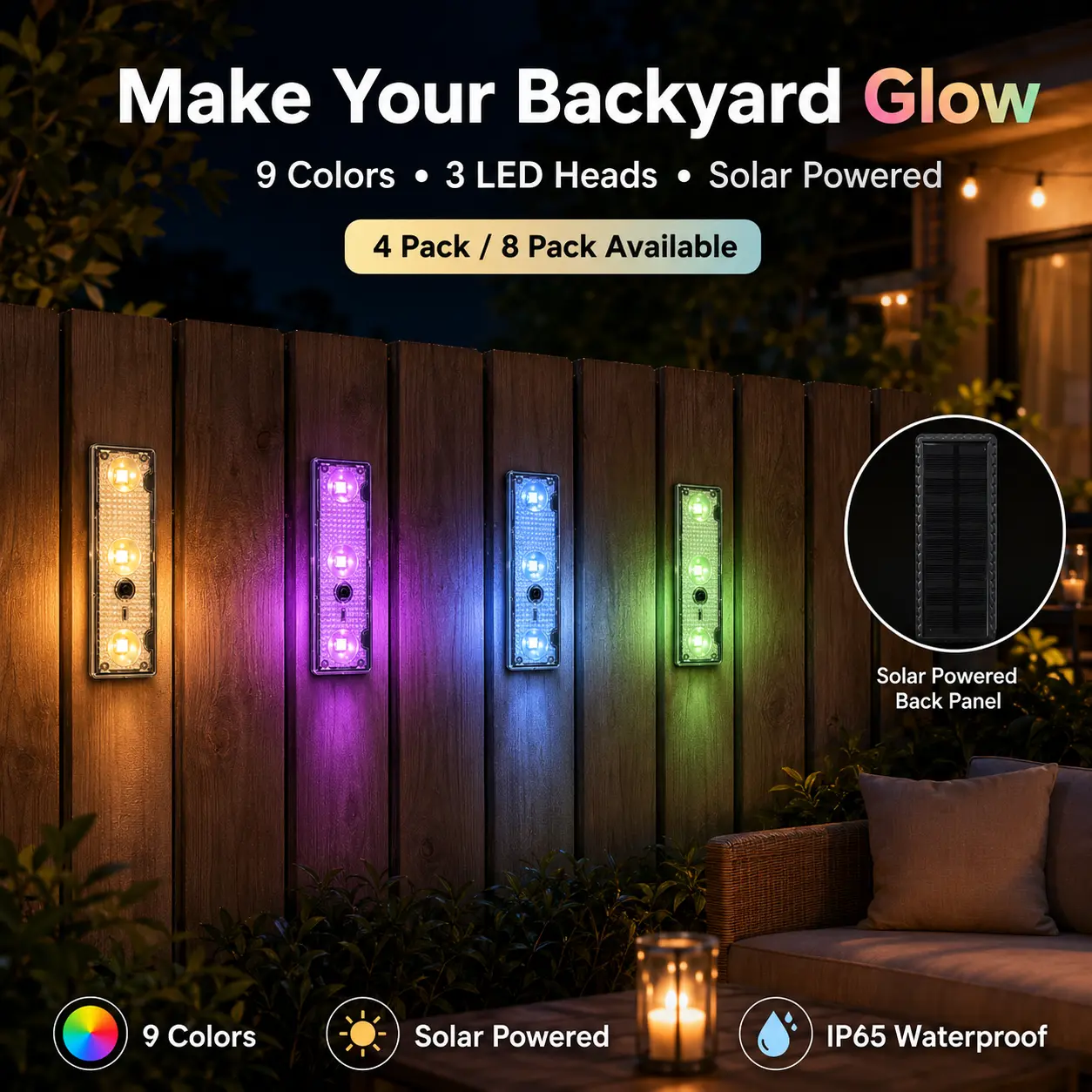 RGB Solar Fence Lights Outdoor, 3 LED Heads Color Changing Deck Lights, Waterproof Solar Wall Lights 4 Pack / 8 Pack for Backyard, Fence and Patio Decor