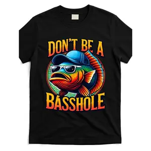 Funny Bass Fish Men's "Don't Be a Basshole" Graphic T-Shirt - Black Casual Short Sleeve Cotton Tee with Fashion Glasses-Wearing Bass Design, Comfortable Round Neck for Fishing & Outdoor Enthusiasts, Machine Washable, Outdoor Clothing,