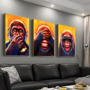 3 pieces - Three interesting posters featuring monkeys, printed materials, animal oil paintings, modern wall art, for children's living room/home decoration