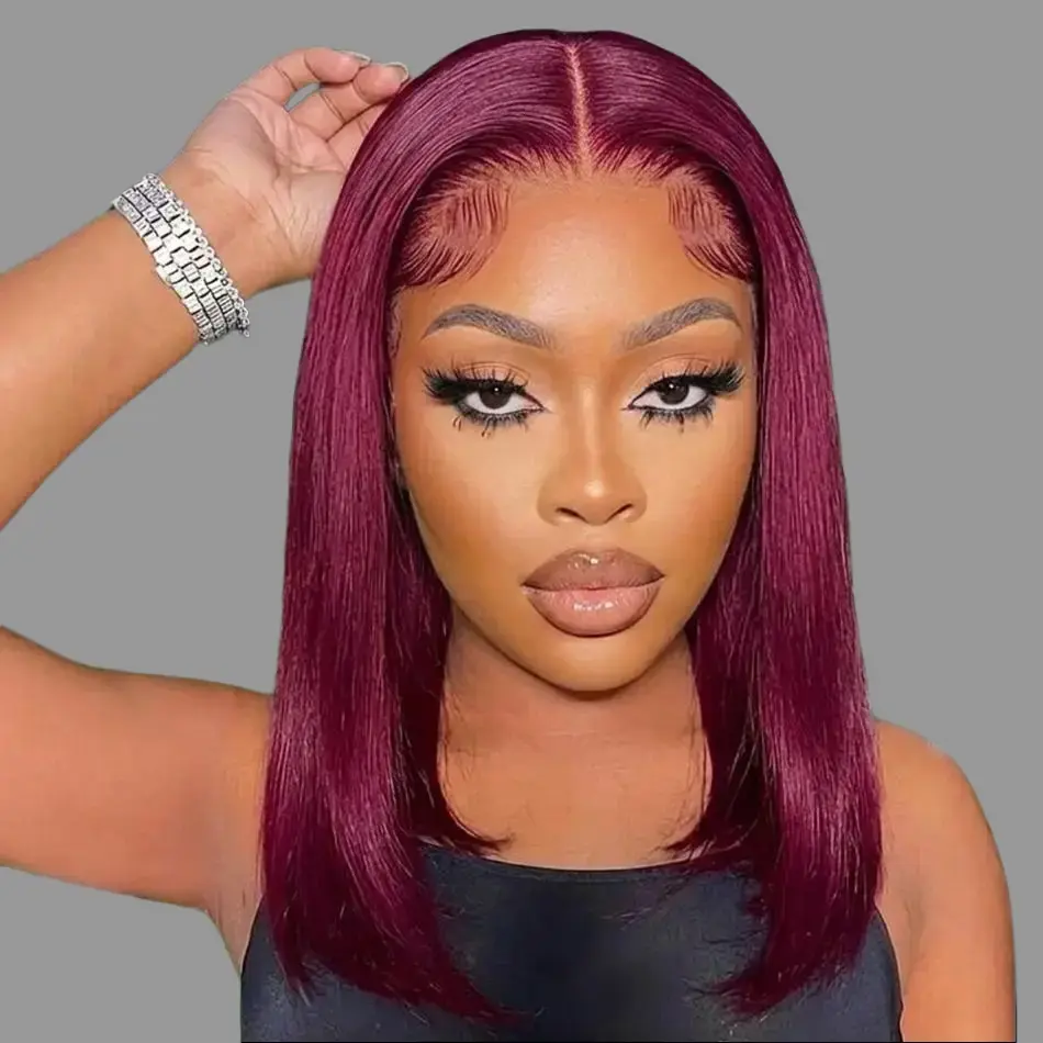 Short Bob Wig Glueless Wear Go Red Burgundy 99J 13x4 HD Lace Front Wig 100% Vietnamese Human Hair Wigs For Women Transparent Lace Frontal Wig Bone Straight Bob Wig Colored Human Hair Wigs Pre Plucked Middle Part
