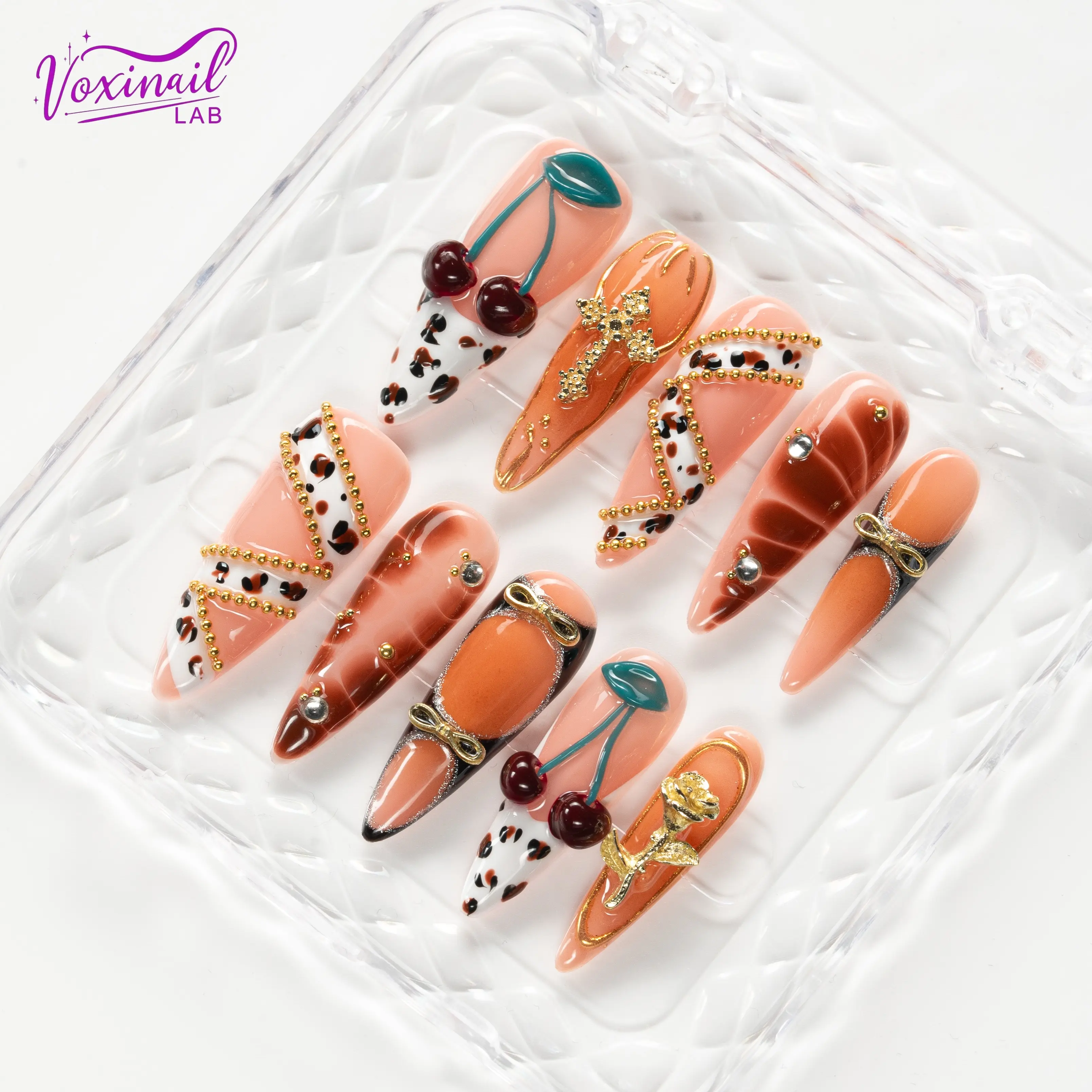 Voxinail Lab | ROUGE CHERRY MYTH | Handmade Vintage Stiletto Press-On Nails | Acrylic, Reusable, Long-Lasting