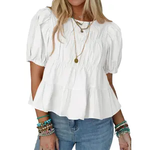 Imily Bela Womens Puff Sleeve Peplum Babydoll Tops Summer Smoked Pleated Cotton T-Shirts Casual Loose Fit Flowy Blouse