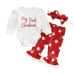 Ma&Baby My First Christmas Baby Girl Outfit Santa Romper Onesie+Bell Bottoms+Headband Newborn 1st Christmas Clothes