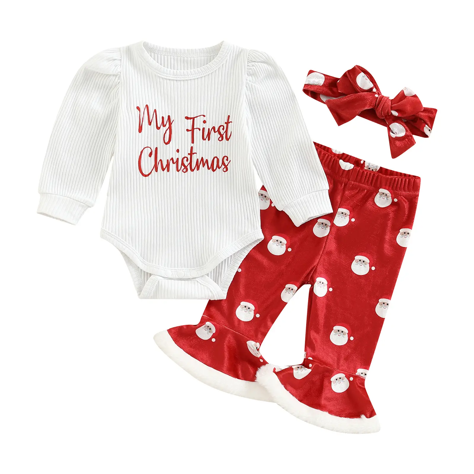 My First Christmas Baby Girl Outfit Santa Romper Onesie+Bell Bottoms+Headband Newborn 1st Christmas Clothes