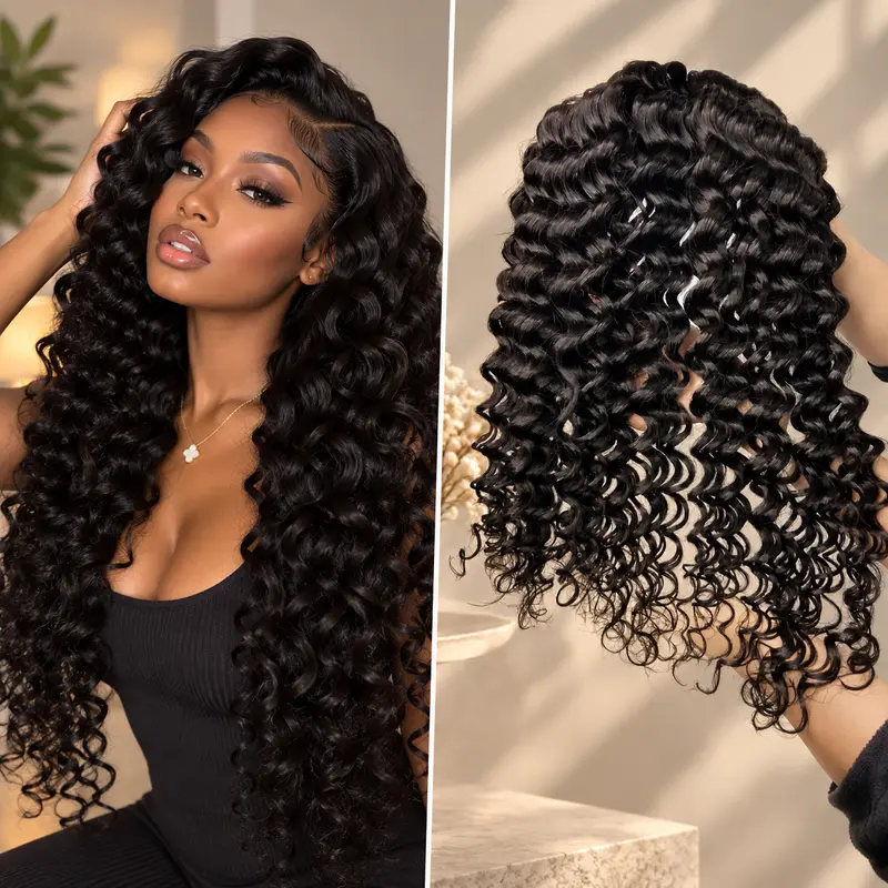 [We Heart Hair]Cambodian 11A Deep Wave Curly Virgin Human Hair Bundle Natural Black Color Double Wefted Design Cuticle Aligned Strands