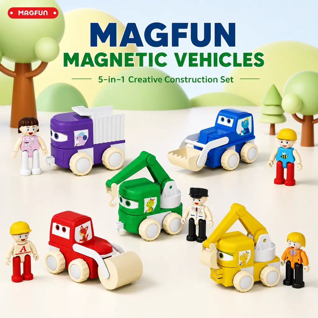 Magnetic Construction Truck Toy Set, Toddler STEM Building Kit, Mix-Match Modular Engineering Vehicles with Movable Action Figures, Safe ABS Plastic, Educational DIY Gift for Kids Ages 3+
