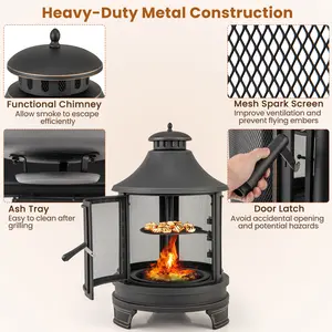 COSTWAY - 30 Inch Outdoor Fire Pit Chiminea with Grill for Garden BBQ