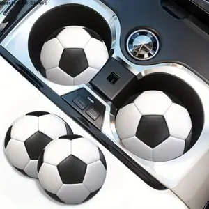 2Pcs 3D Soccer Ball Car Coasters, Sports Themed Non-Slip Silicone Cup Holder Mat for Football Fans, Universal Anti-Vibration Vehicle Interior Decor, Cool Gift for Men