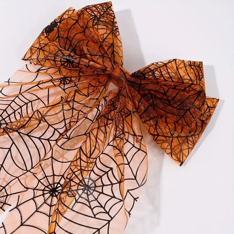 Vintage Fabric Bow Hair Clip with Spider Web & Skull Print, Skull Pattern, Elegant Halloween Women's Accessory, Single Party Costume Color Matched Clamp