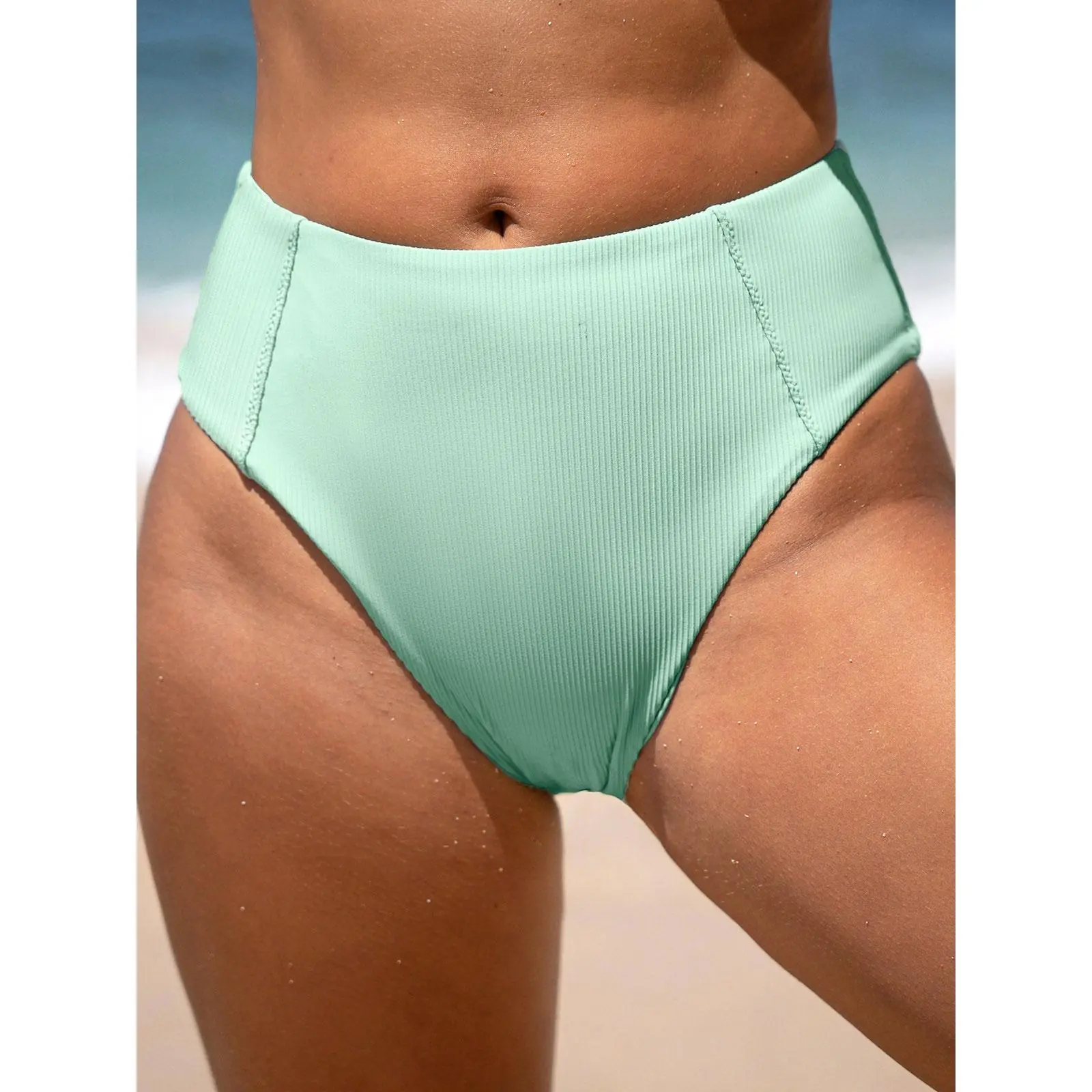 Cyan Ribbed Seam Full Coverage Bikini Bottom