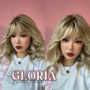 JBEXTENSION 14 Inches Curly Blonde Wig with Bangs Pre-Cut T Part Snowflake Lace Frontlace Glueless Wig GLORIA【BENDY EAR TABS】