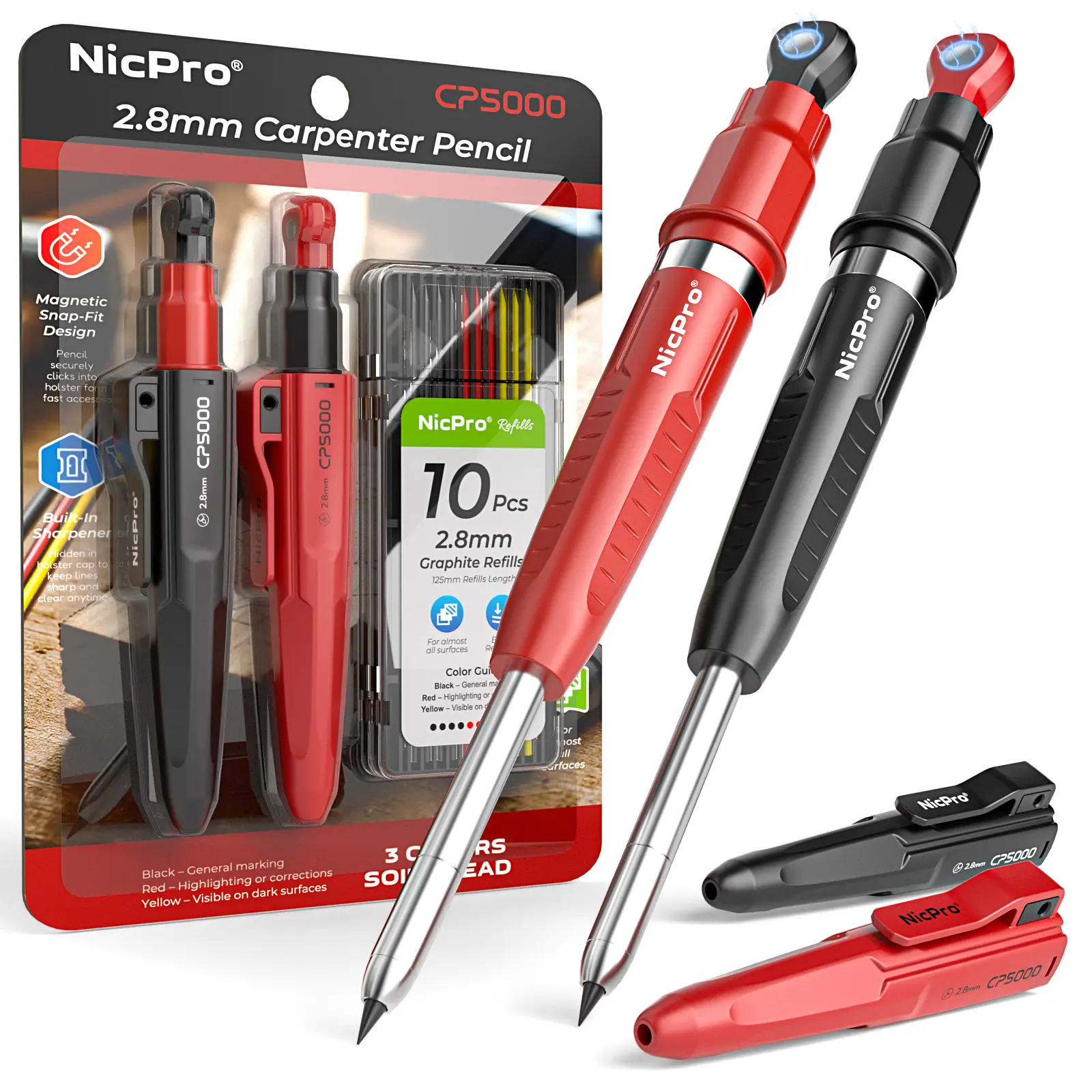 Nicpro 7-in-1 Magnetic Carpenter Pencils with Sharpener, 2-Pack Construction Mechanical Pencils for Dads & Builders, 2.8mm Tip, 20 Pcs 2.8mm Leads, Pocket/Belt Carry Clip