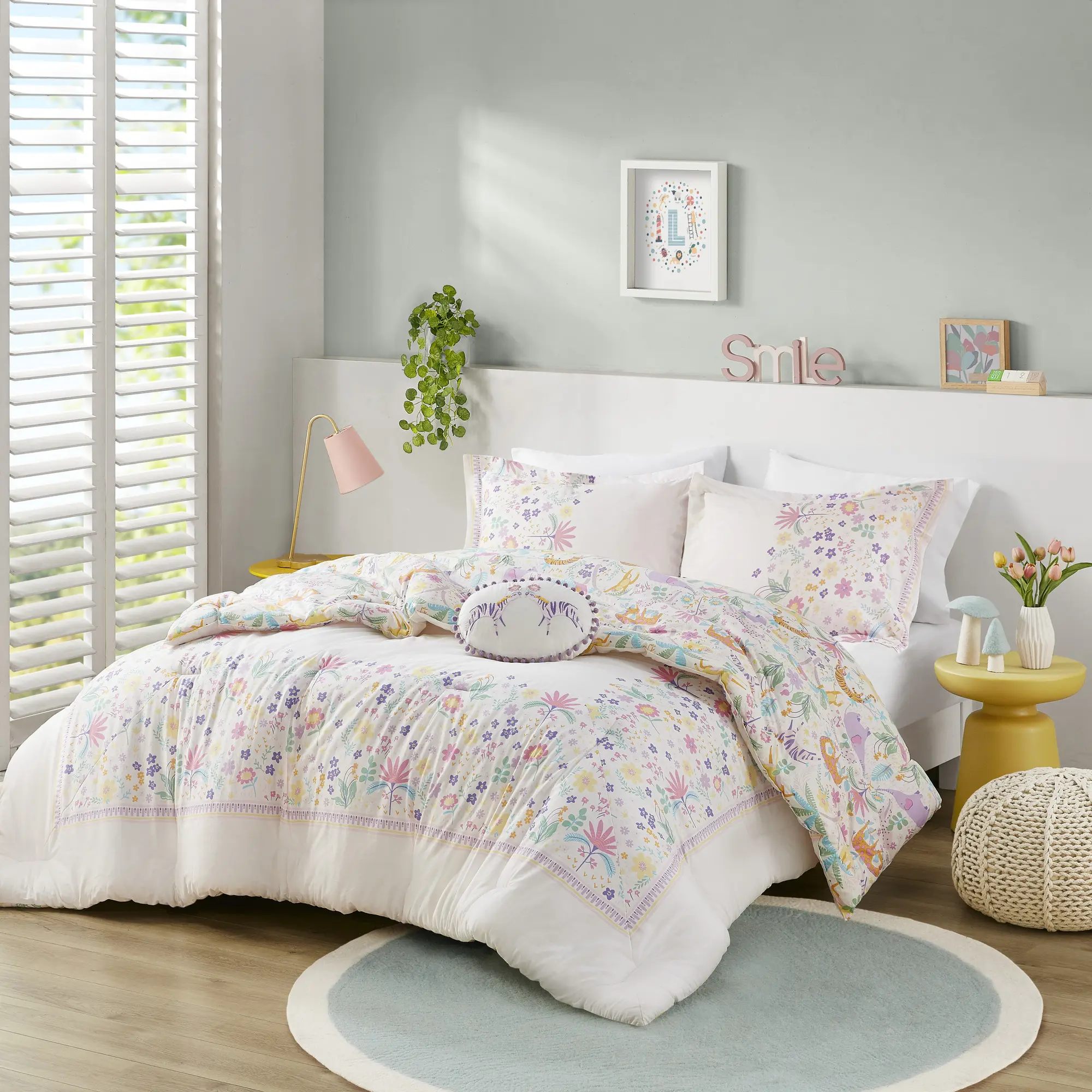 Full/Queen Cotton Comforter Set, 4 Pieces, Reversible Floral Design, Purple, Includes Throw Pillow, Soft and Breathable, Machine Washable