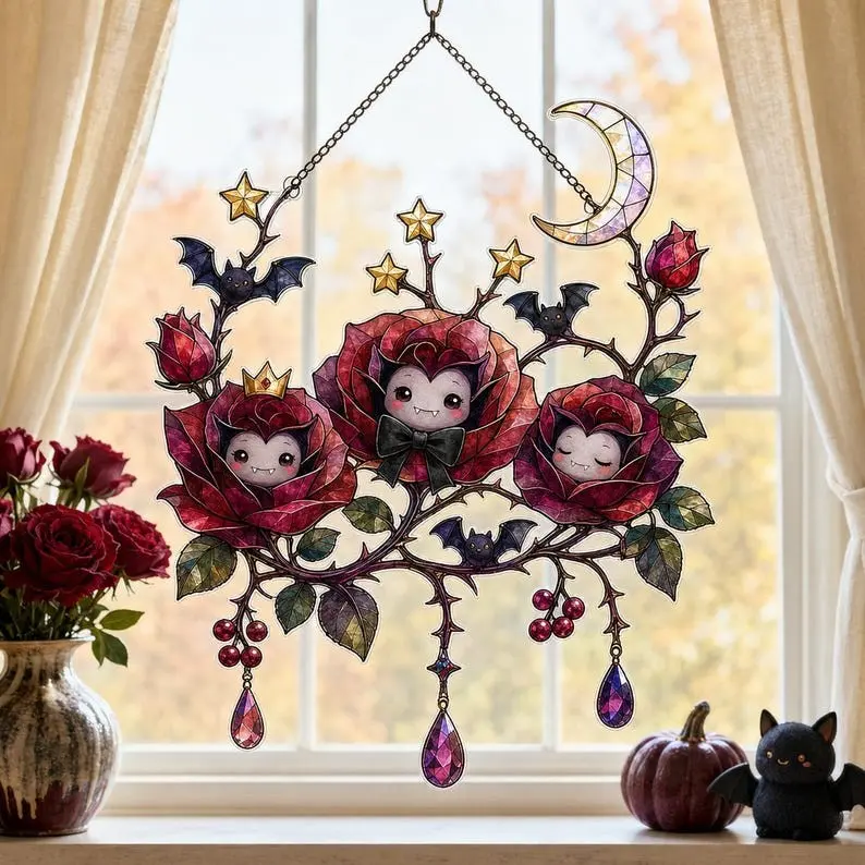 Vampire Rose Suncatcher, Halloween Acrylic Window Hanging, Faux Stained Glass Bat and Moon Decor, Cute Gothic Floral Gift