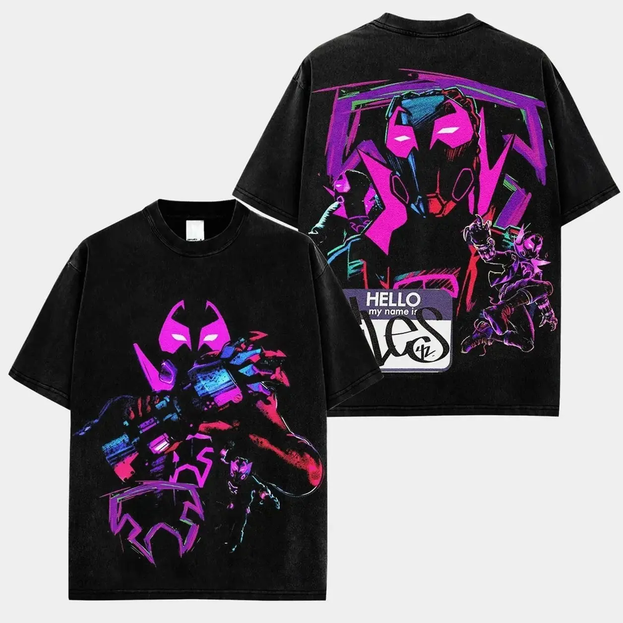 Miles Morales Spider-Verse Inspired Black Oversized T-Shirt, Neon Purple Prowler Graphic Tee, Front Back Comic Print Streetwear Shirt, Retro Superhero Fan Gift For Men Women 6E1