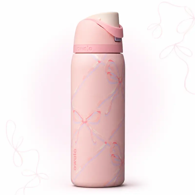 ：Owala FreeSip Water Bottle, Soft Pink Pastel Ribbon Bow Print Vacuum Insulated Stainless Steel Tumbler, Leakproof Dual Drinking Sports Water Bottle For School Travel