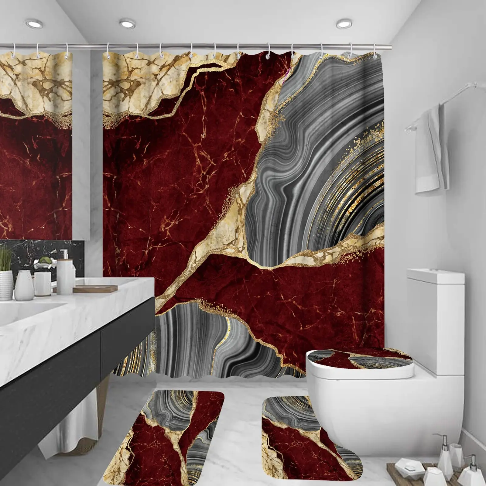4-Piece Marble-Patterned Shower Curtain Set, Bathroom Decor Set, Luxury Shower Curtain, Shower Curtain, Flannel Bath Mat, U-Shaped Toilet Mat, Toilet Seat Cover