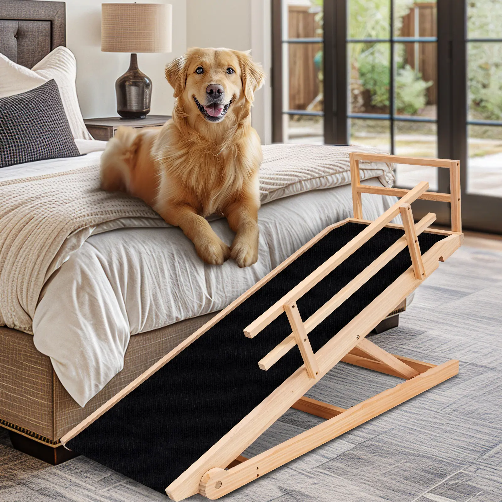 ABORON Folding Wooden Dog Ramp for High Bed, Couch & Car,39/45/51/63IN Long- 4/5 Level Adjustable Pet Ramp, Non-Slip Rubber Mat, 17.7'' Extra Wide - Supports Small & Large Senior Dogs & Cats up to 200 lbs