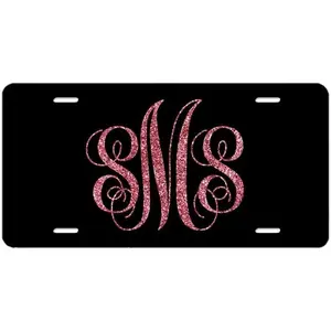 Personalized Custom License Plate,Monogram Initials Bling License Plate Pink Letter Black, Auto Aluminum Metal Car Tag 4Holes with Screw Caps, 6x12inches