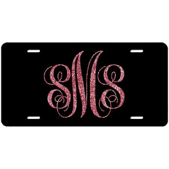 Personalized Custom License Plate,Monogram Initials Bling License Plate Pink Letter Black, Auto Aluminum Metal Car Tag 4Holes with Screw Caps, 6x12inches