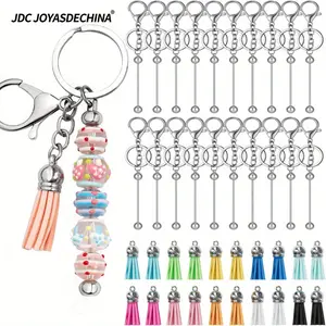 20Pcs Beadable Keychains Bars Metal Beaded Keychain Blank Keychain Strips and 20pcs Colorful Leather Keychain Tassel Loose for DIY Keychain Pendant Jewelry Crafts